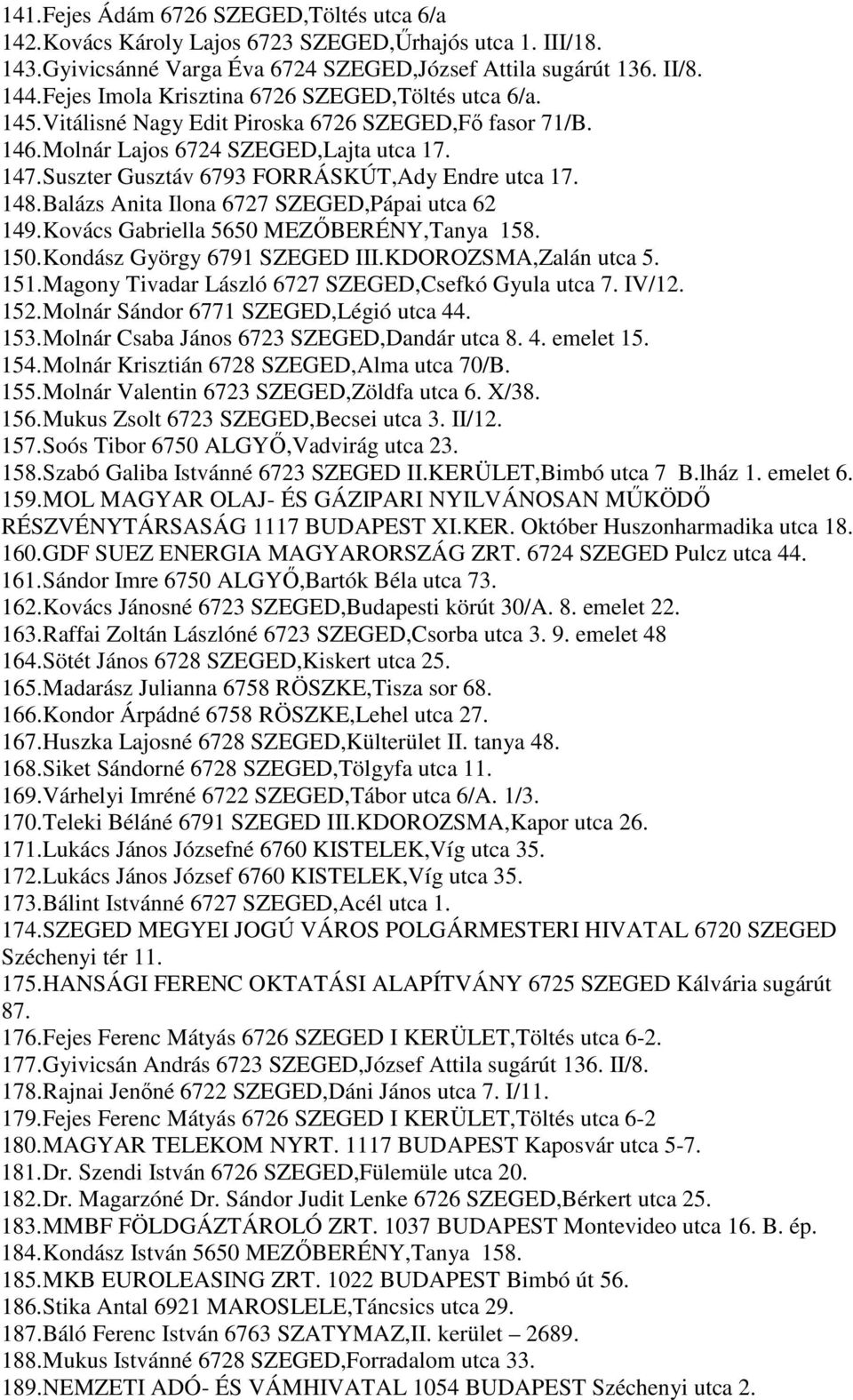 Suszter Gusztáv 6793 FORRÁSKÚT,Ady Endre utca 17. 148. Balázs Anita Ilona 6727 SZEGED,Pápai utca 62 149. Kovács Gabriella 5650 MEZŐBERÉNY,Tanya 158. 150. Kondász György 6791 SZEGED III.