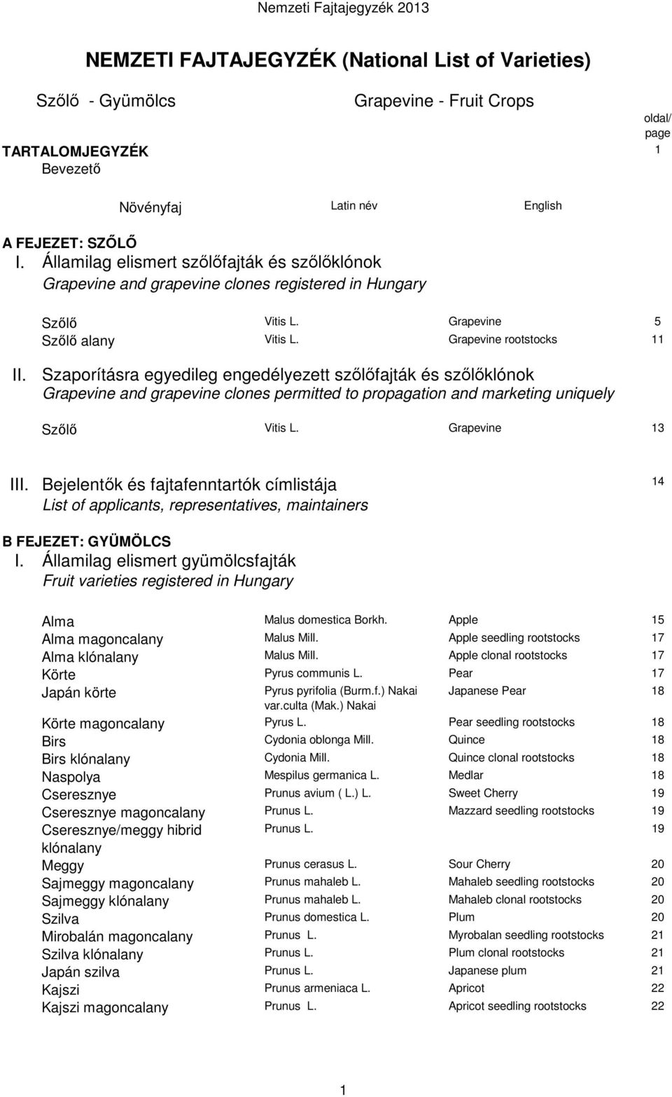 Szaporításra egyedileg engedélyezett szőlőfajták és szőlőklónok Grapevine and grapevine clones permitted to propagation and marketing uniquely Szőlő Vitis L. Grapevine 13 III.