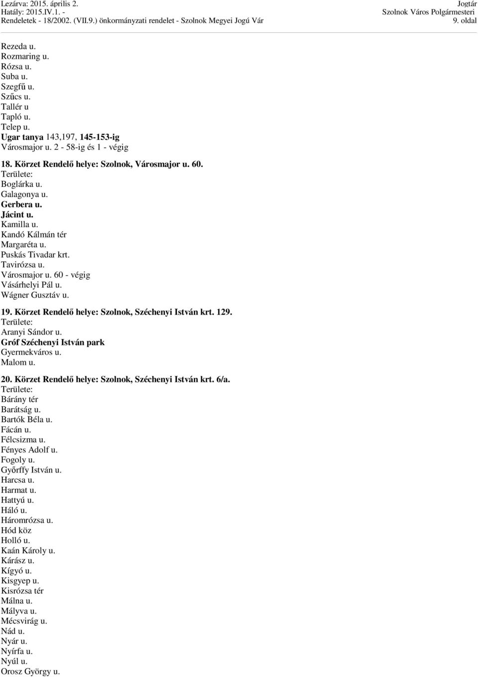 Wágner Gusztáv u. 19. Körzet Rendelő helye: Szolnok, Széchenyi István krt. 129. Aranyi Sándor u. Gróf Széchenyi István park Gyermekváros u. Malom u. 20.