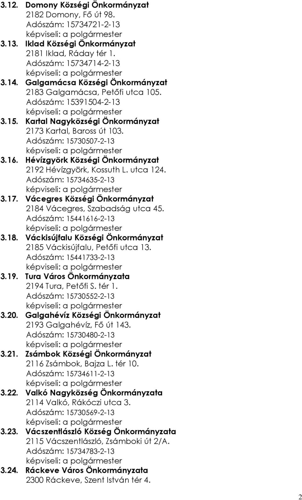 Hévízgyörk Községi Önkormányzat 2192 Hévízgyörk, Kossuth L. utca 124. Adószám: 15734635-2-13 3.17. Vácegres Községi Önkormányzat 2184