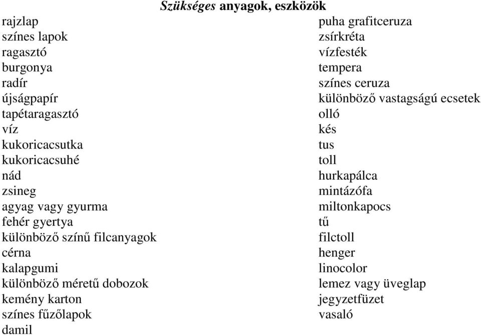 nád hurkapálca zsineg mintázófa agyag vagy gyurma miltonkapocs fehér gyertya tő különbözı színő filcanyagok filctoll cérna