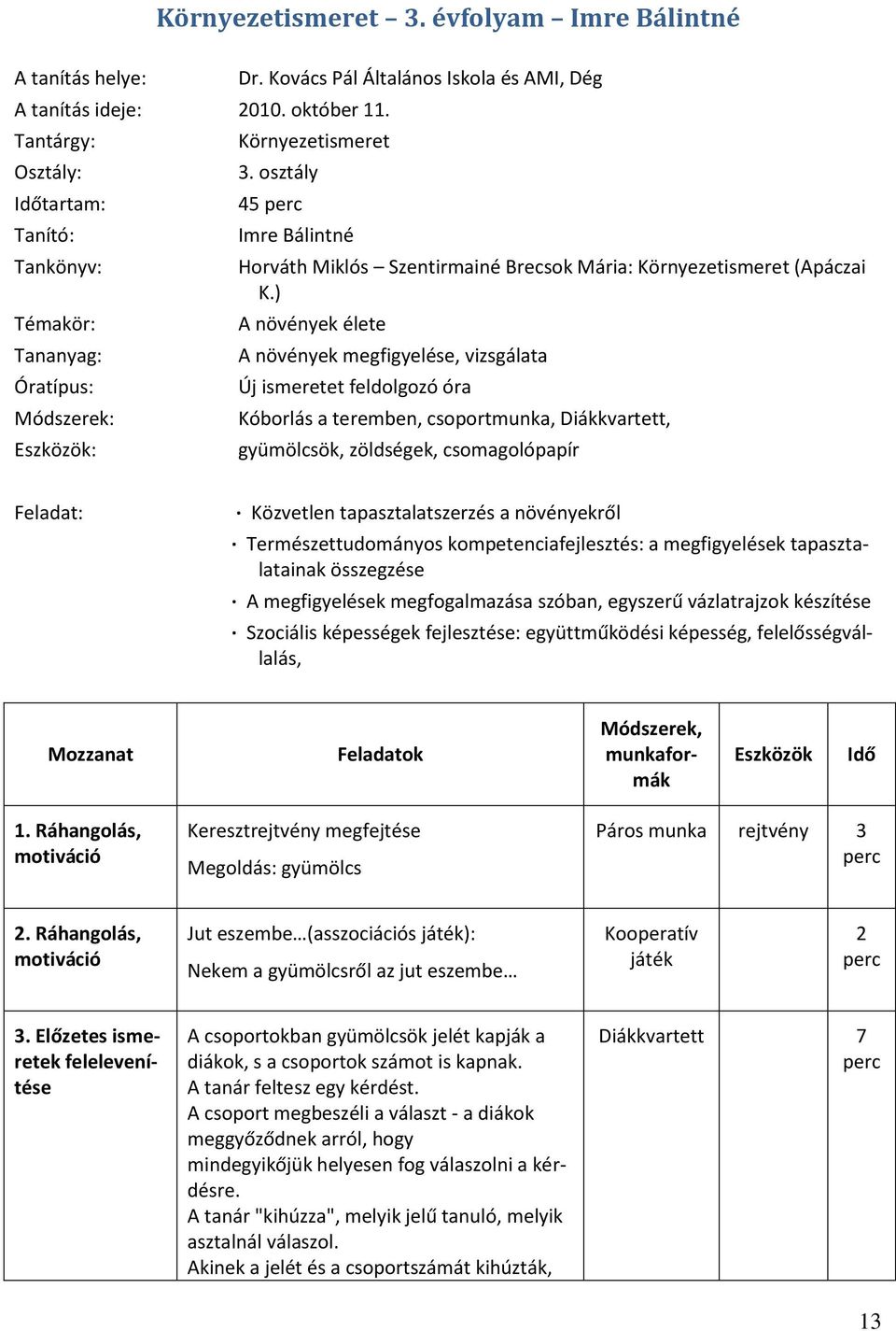 ) A növények élete A növények megfigyelése, vizsgálata Új ismeretet feldolgozó óra Kóborlás a teremben, csoportmunka, Diákkvartett, gyümölcsök, zöldségek, csomagolópapír Feladat: Közvetlen