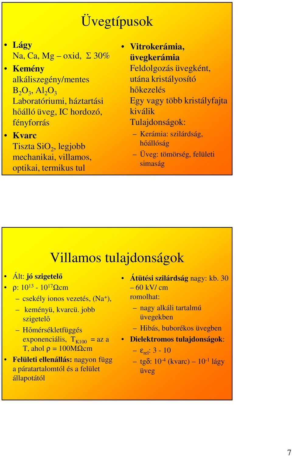 felületi simaság Villamos tulajdonságok Ált: jó szigetelő ρ: 10 13-10 17 Ωcm csekély ionos vezetés, (Na + ), keményü, kvarcü.