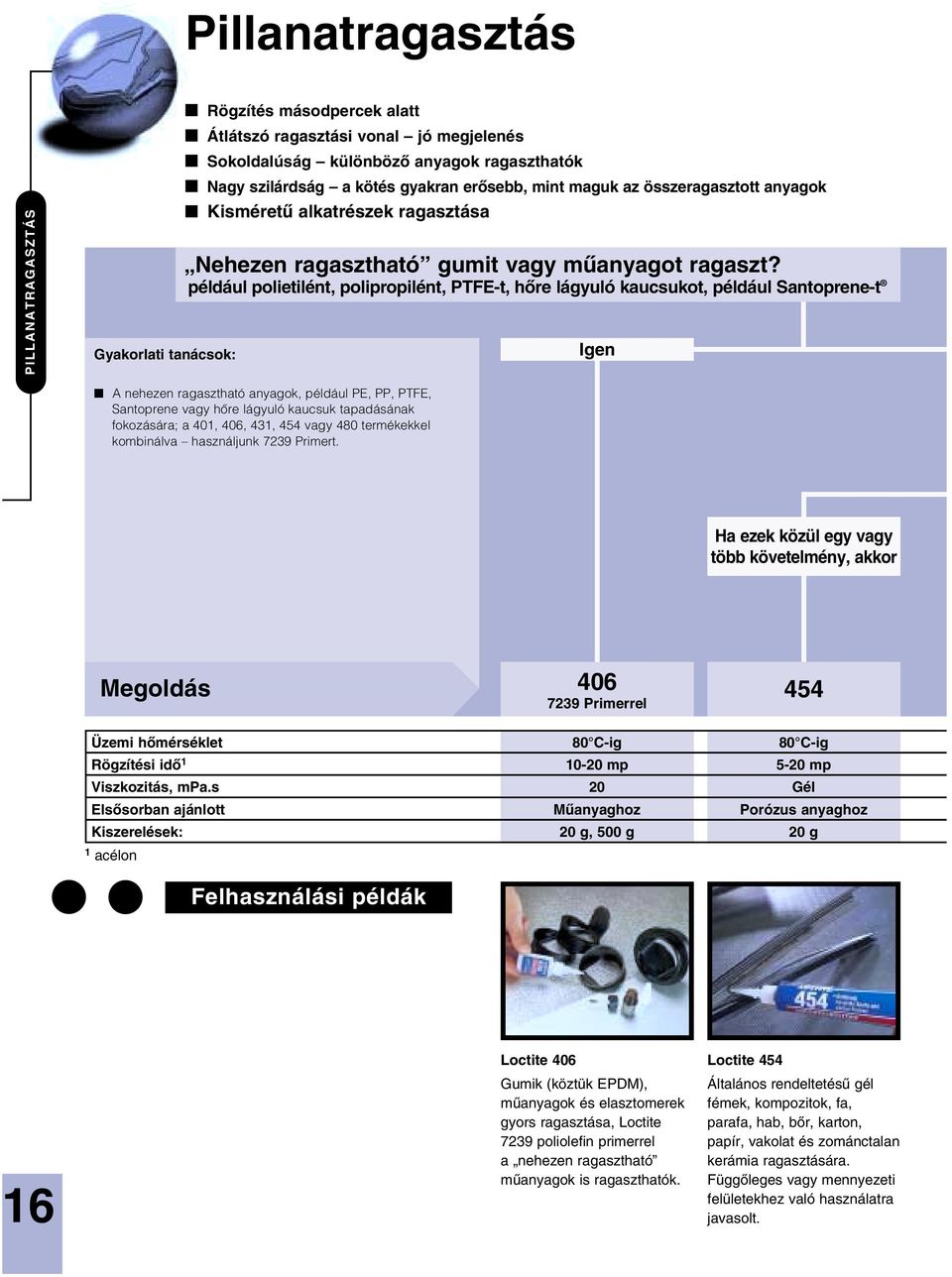 például polietilént, polipropilént, PTFE-t, hôre lágyuló kaucsukot, például Santoprene-t Igen A nehezen ragasztható anyagok, például PE, PP, PTFE, Santoprene vagy hôre lágyuló kaucsuk tapadásának