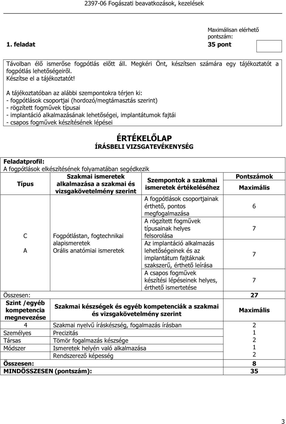 A tájékoztatóban az alábbi szempontokra térjen ki: - fogpótlások csoportjai (hordozó/megtámasztás szerint) - rögzített fogművek típusai - implantáció alkalmazásának lehetőségei, implantátumok fajtái