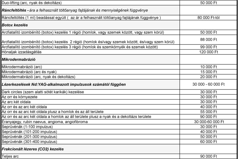 régió (homlok és/vagy szemek között, és/vagy szem körül) Arcfiatalító izombénító (botox) kezelés 3 régió (homlok és szemkörnyék és szemek között) Hónaljak izzadásgátlás 50 000 Ft 88 000 Ft 99 000 Ft