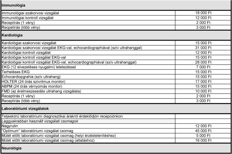 (12 elvezetéses nyugalmi) leletezéssel Terheléses EKG Echocardiopgrahia (szív ultrahang) HOLTER (24 órás szívritmus monitor) ABPM (24 órás vérnyomás monitor) FMD (az érelmeszesedés ultrahang