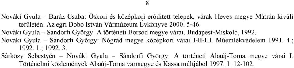 Budapest-Miskolc, 1992. Nováki Gyula Sándorfi György: Nógrád megye középkori várai I-II-III. Műemlékvédelem 1991. 4.; 1992. 1.; 1992. 3.