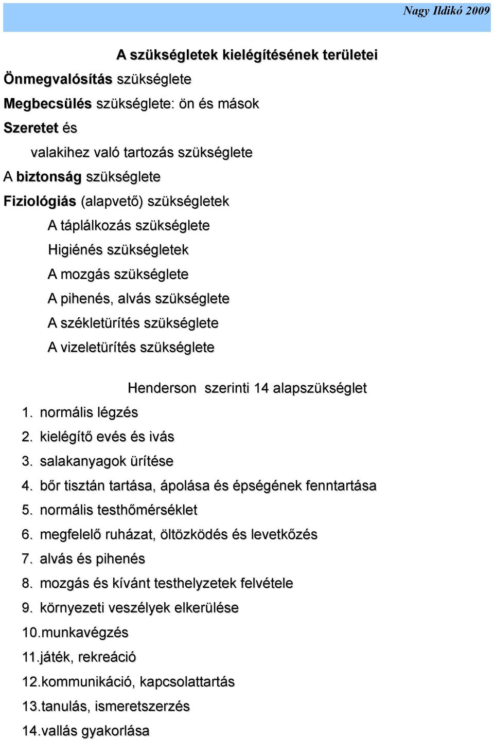 kielégítő evés és ivás 3. salakanyagok ürítése Henderson szerinti 14 alapszükséglet 4. bőr tisztán tartása, ápolása és épségének fenntartása 5. normális testhőmérséklet 6.