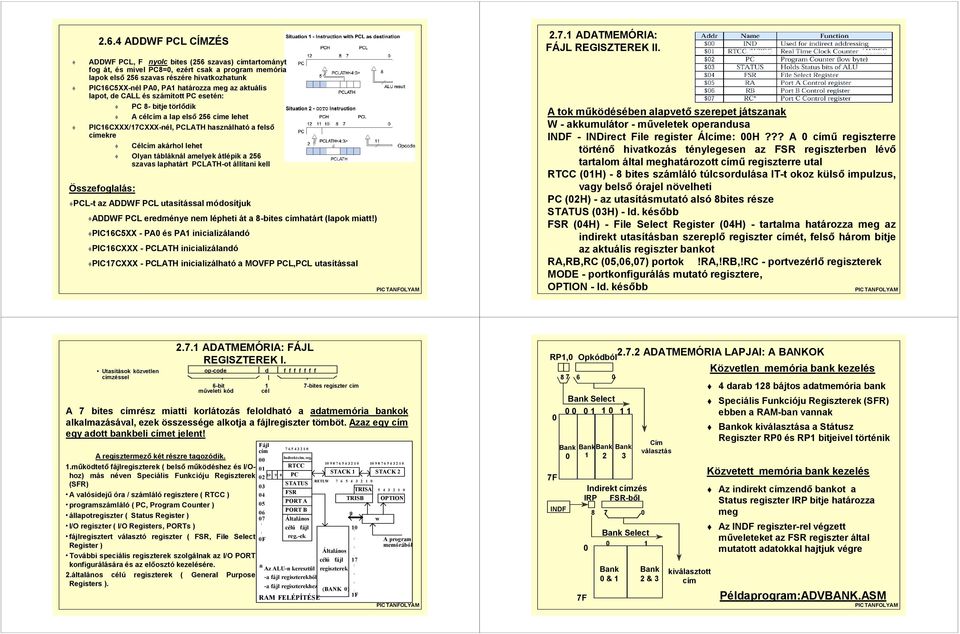 lehet # Olyan tábláknál amelyek átlépik a 256 szavas laphatárt PCLATH-ot állítani kell Összefoglalás: #PCL-t az ADDWF PCL utasítással módosítjuk #ADDWF PCL eredménye nem lépheti át a 8-bites