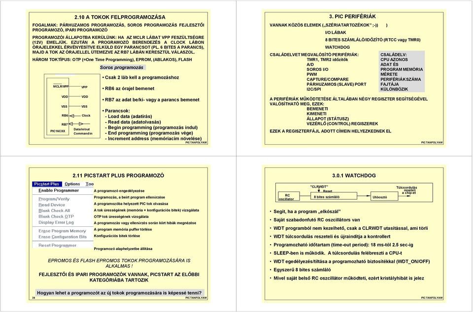 HÁROM TOKTÍPUS: OTP (=One Time Programming), EPROM, (ABLAKOS), FLASH MCLR/VPP VPP Soros programozás Csak 2 láb kell a programozáshoz RB6 az órajel bemenet 3.