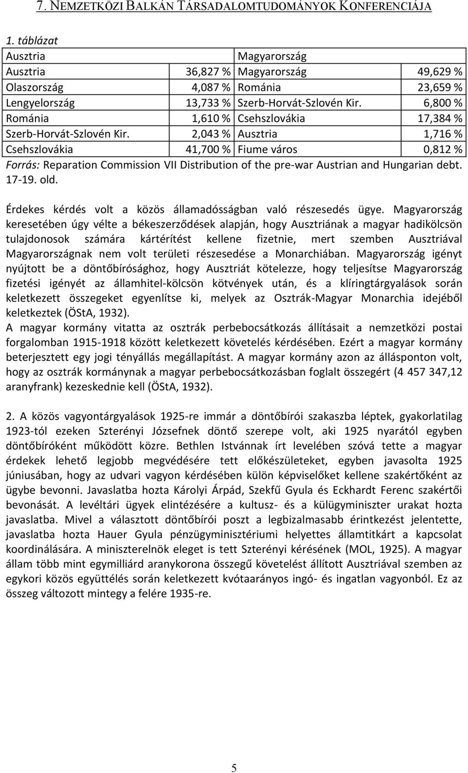 2,043 % Ausztria 1,716 % Csehszlovákia 41,700 % Fiume város 0,812 % Forrás: Reparation Commission VII Distribution of the pre-war Austrian and Hungarian debt. 17-19. old.