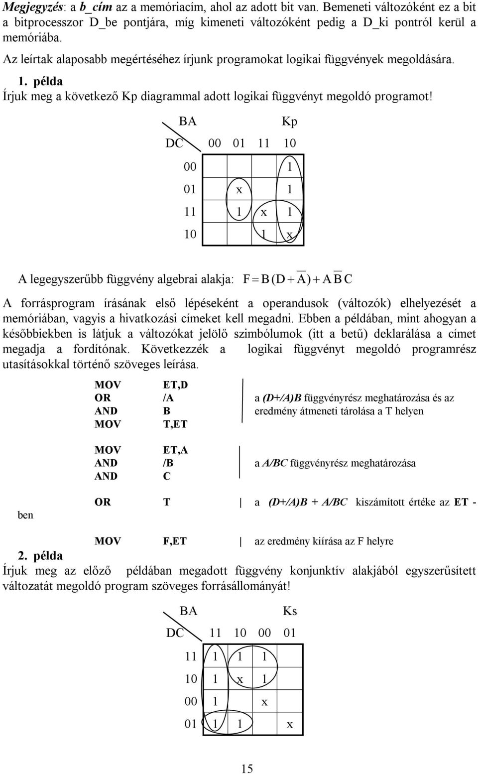 BA Kp DC 00 01 11 10 00 1 01 x 1 11 1 x 1 10 1 x A legegyszerűbb függvény algebrai alakja: F = B(D + A) + A BC A forrásprogram írásának első lépéseként a operandusok (változók) elhelyezését a