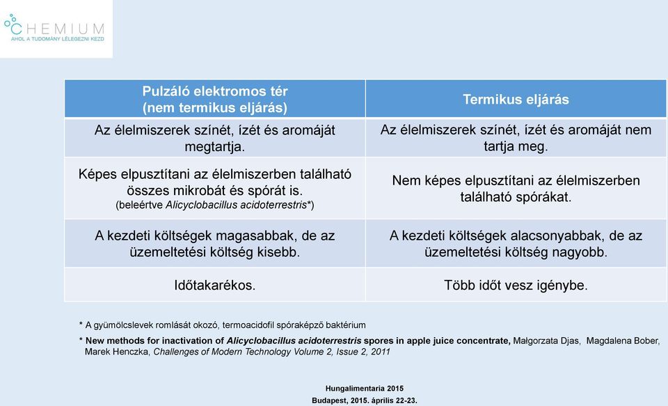 Nem képes elpusztítani az élelmiszerben található spórákat. A kezdeti költségek alacsonyabbak, de az üzemeltetési költség nagyobb. Több időt vesz igénybe.