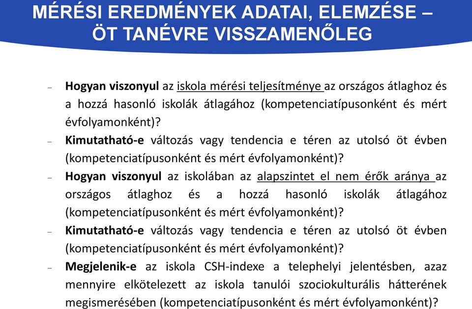 Hogyan viszonyul az iskolában az alapszintet el nem érők aránya az országos átlaghoz és a hozzá hasonló iskolák átlagához (kompetenciatípusonként és mért  Megjelenik-e az iskola CSH-indexe a