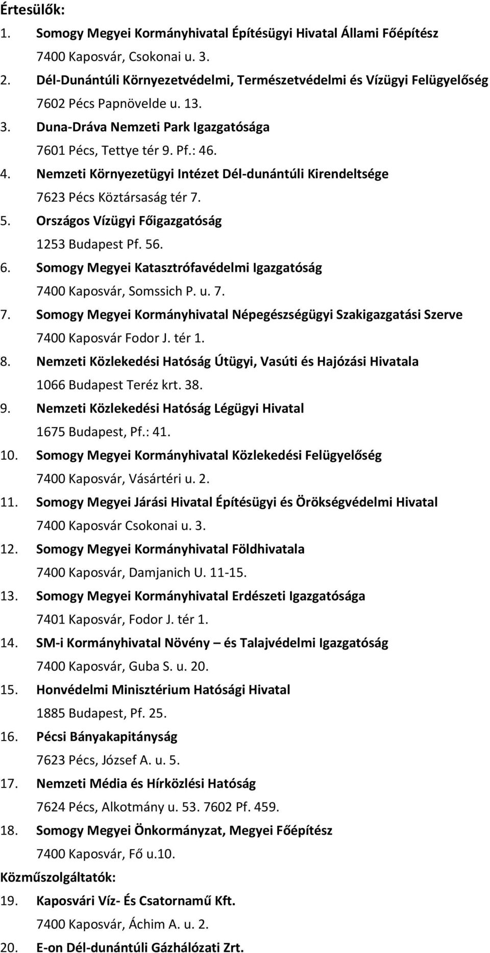 . 4. Nemzeti Környezetügyi Intézet Dél-dunántúli Kirendeltsége 7623 Pécs Köztársaság tér 7. 5. Országos Vízügyi Főigazgatóság 1253 Budapest Pf. 56. 6.