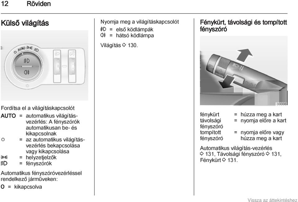 = az automatikus világításvezérlés bekapcsolása vagy kikapcsolása 8 = helyzetjelzők 9 = fényszórók Automatikus fényszóróvezérléssel rendelkező járműveken: 7 =