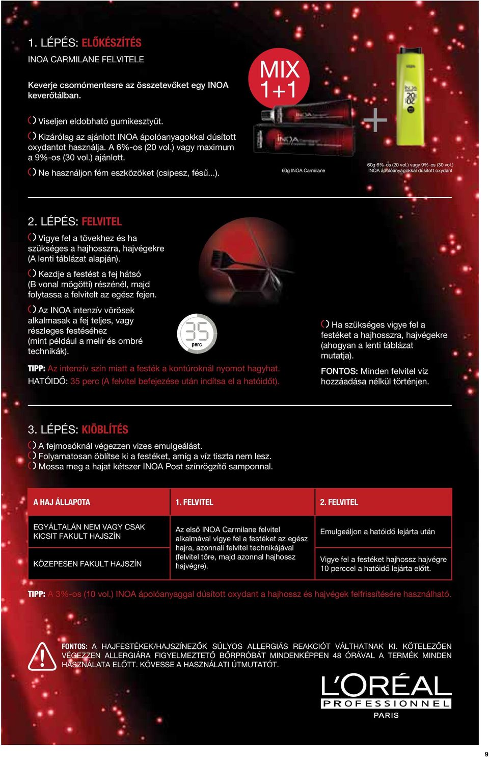 ) vagy 9%-os (30 vol.) INOA ápolóanyagokkal dúsított oxydant 2. LÉPÉS: FELVITEL Vigye fel a tövekhez és ha szükséges a hajhosszra, hajvégekre (A lenti táblázat alapján).