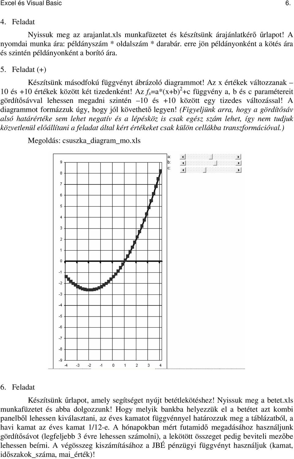 Az x értékek változzanak 10 és +10 értékek között két tizedenként! Az f x =a*(x+b) 2 +c függvény a, b és c paramétereit gördítsávval lehessen megadni szintén 10 és +10 között egy tizedes változással!