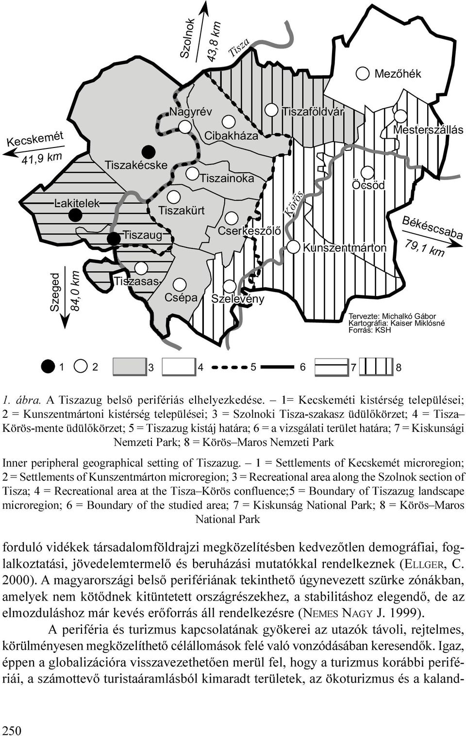 1= Kecskeméti kistérség települései; 2 = Kunszentmártoni kistérség települései; 3 = Szolnoki Tisza-szakasz üdülõkörzet; 4 = Tisza Körös-mente üdülõkörzet; 5 = Tiszazug kistáj határa; 6 = a vizsgálati
