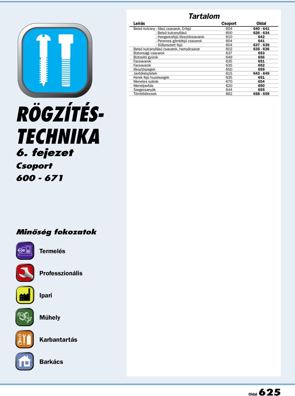 Biztosító gyűrűk 649 656 Facsavarok 635 651 Facsavarok 635 652 Illesztőszegek 650 659 Javítókészletek 615 643 649 Kerek fejű huzalszegek 635 651 Menetes szárak 670 654