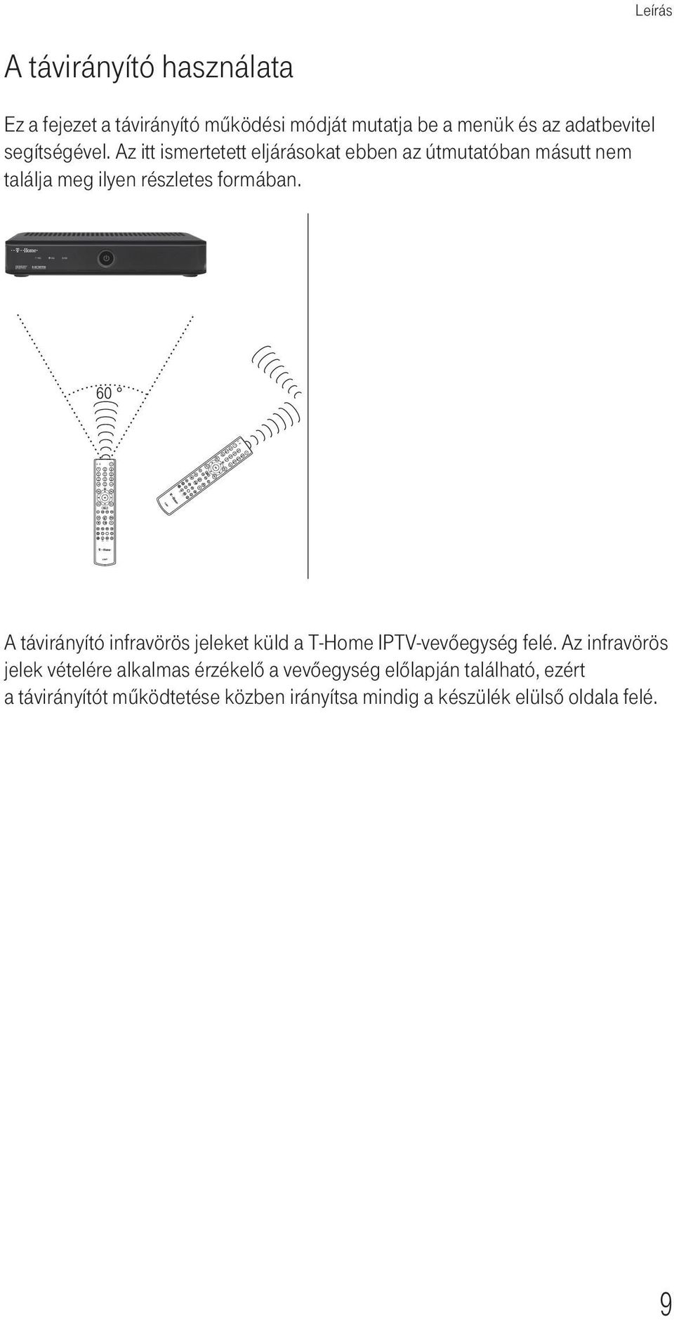 A távirányító infravörös jeleket küld a T-Home IPTV-vevőegység felé.