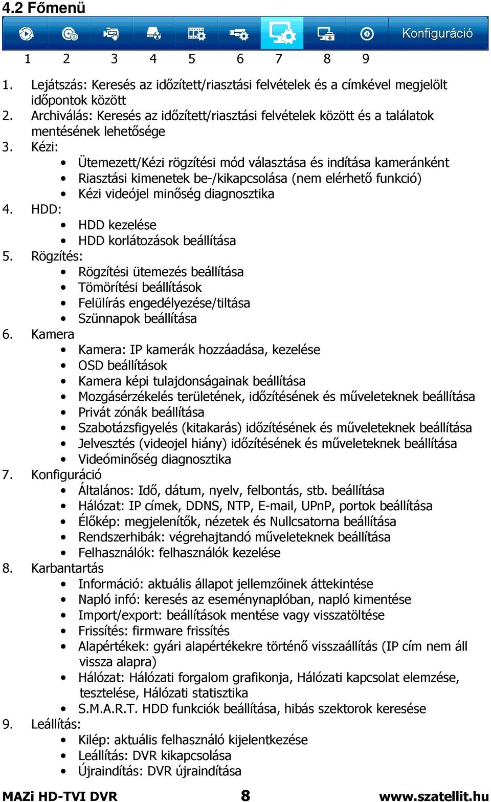 Kézi: Ütemezett/Kézi rögzítési mód választása és indítása kameránként Riasztási kimenetek be-/kikapcsolása (nem elérhető funkció) Kézi videójel minőség diagnosztika 4.