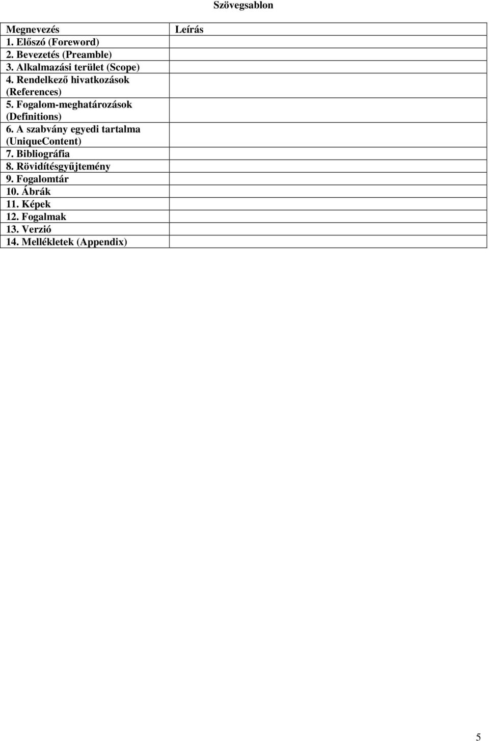 Fogalom-meghatározások (Definitions) 6. A szabvány egyedi tartalma (UniqueContent) 7.