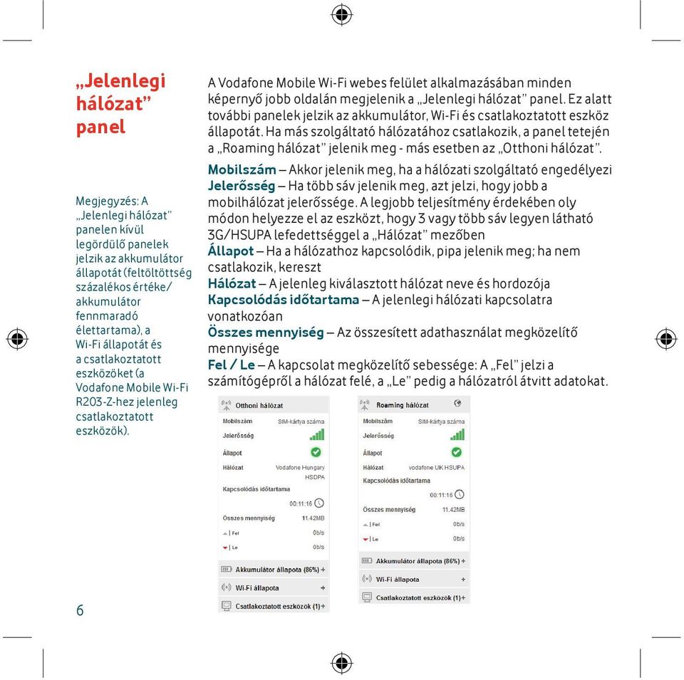 A Vodafone Mobile Wi-Fi webes felület alkalmazásában minden képernyő jobb oldalán megjelenik a Jelenlegi hálózat panel.