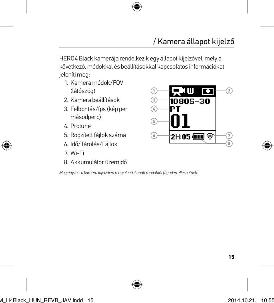 Felbontás/fps (kép per másodperc) 4. Protune 5. Rögzített fájlok száma 6. Idő/Tárolás/Fájlok 7. Wi-Fi 8.