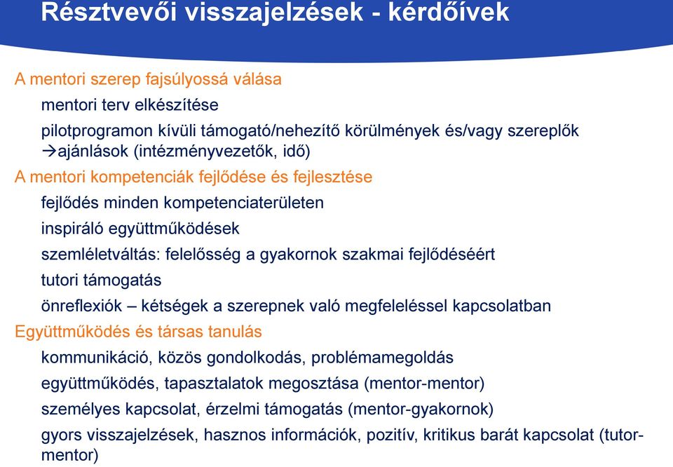 fejlődéséért tutori támogatás önreflexiók kétségek a szerepnek való megfeleléssel kapcsolatban Együttműködés és társas tanulás kommunikáció, közös gondolkodás, problémamegoldás