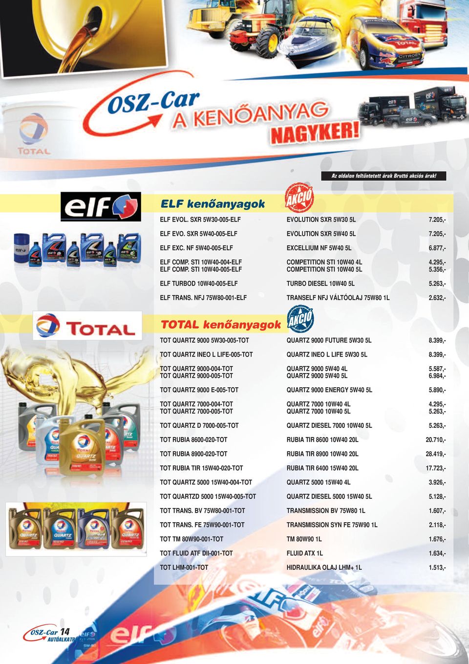 356,- ELF TURBOD 10W40-005-ELF TURBO DIESEL 10W40 5L 5.263,- ELF TRANS. NFJ 75W80-001-ELF TRANSELF NFJ VÁLTÓOLAJ 75W80 1L 2.