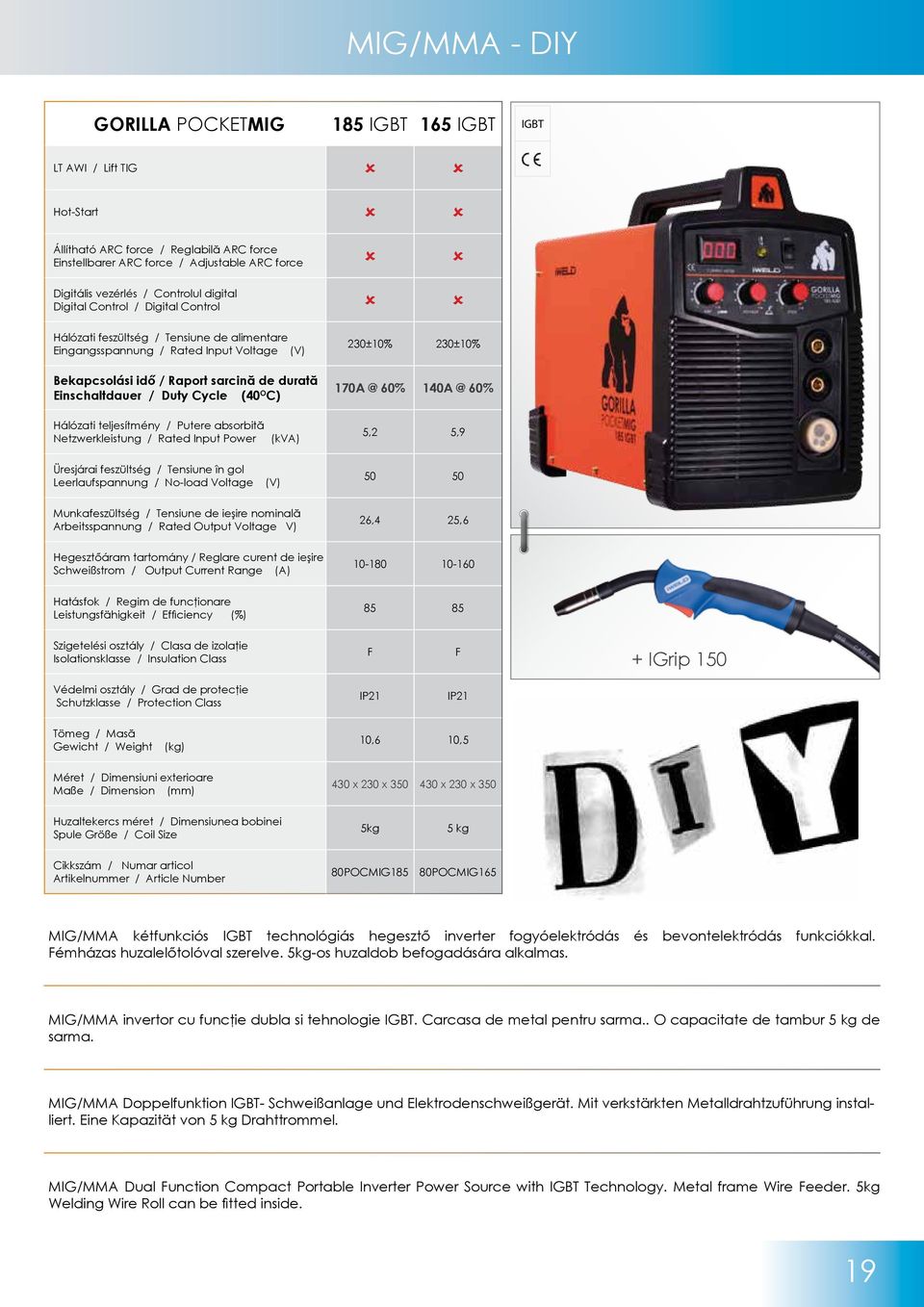 / Duty Cycle (40 O C) 230±10% 230±10% 170A @ 60% 140A @ 60% Hálózati teljesítmény / Putere absorbită Netzwerkleistung / Rated Input Power (kva) 5,2 5,9 Üresjárai feszültség / Tensiune în gol