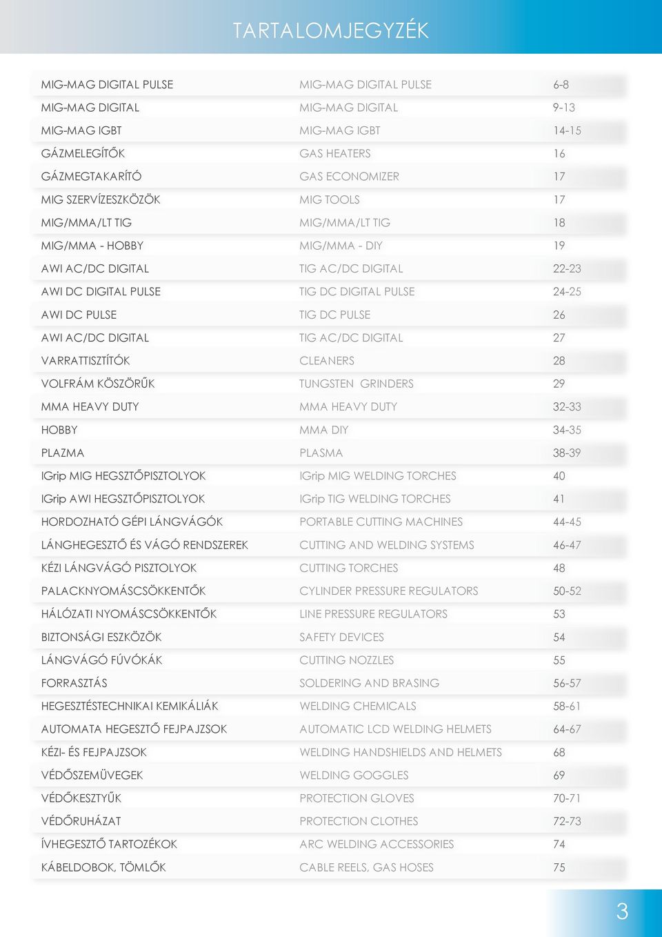 TIG DC PULSE 26 AWI AC/DC DIGITAL TIG AC/DC DIGITAL 27 VARRATTISZTÍTÓK CLEANERS 28 VOLFRÁM KÖSZÖRŰK TUNGSTEN GRINDERS 29 MMA HEAVY DUTY MMA HEAVY DUTY 32-33 HOBBY MMA DIY 34-35 PLAZMA PLASMA 38-39