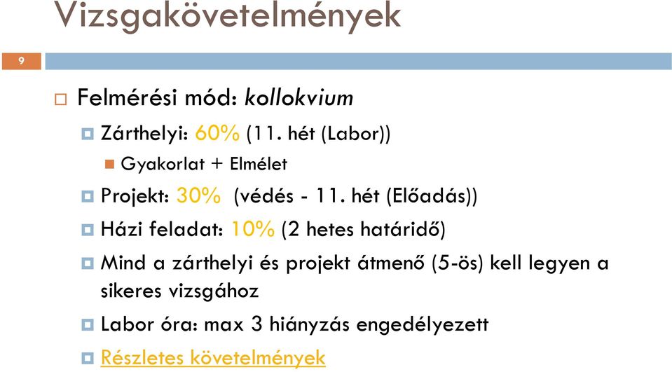 hét (Előadás)) Házi feladat: 10% (2 hetes határidő) Mind a zárthelyi és