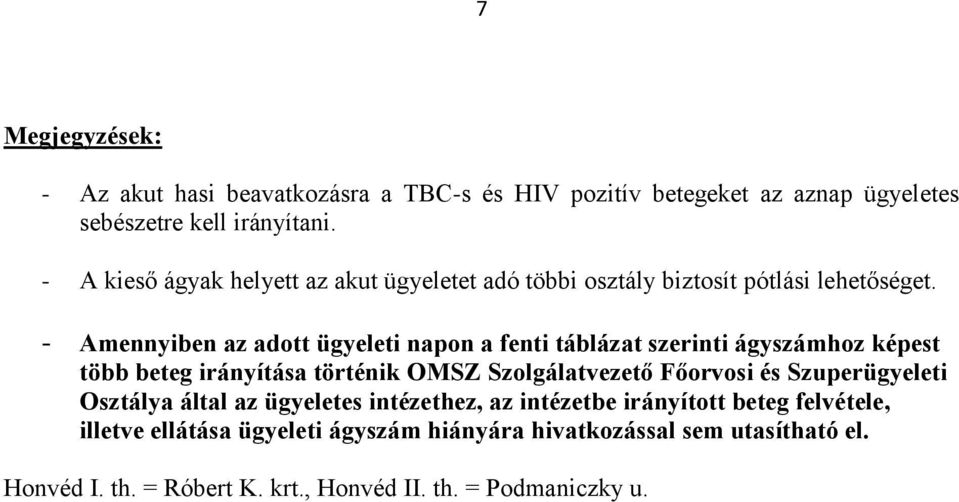 - Amennyiben az adott ügyeleti napon a fenti táblázat szerinti ágyszámhoz képest több beteg irányítása történik OMSZ Szolgálatvezető Főorvosi és