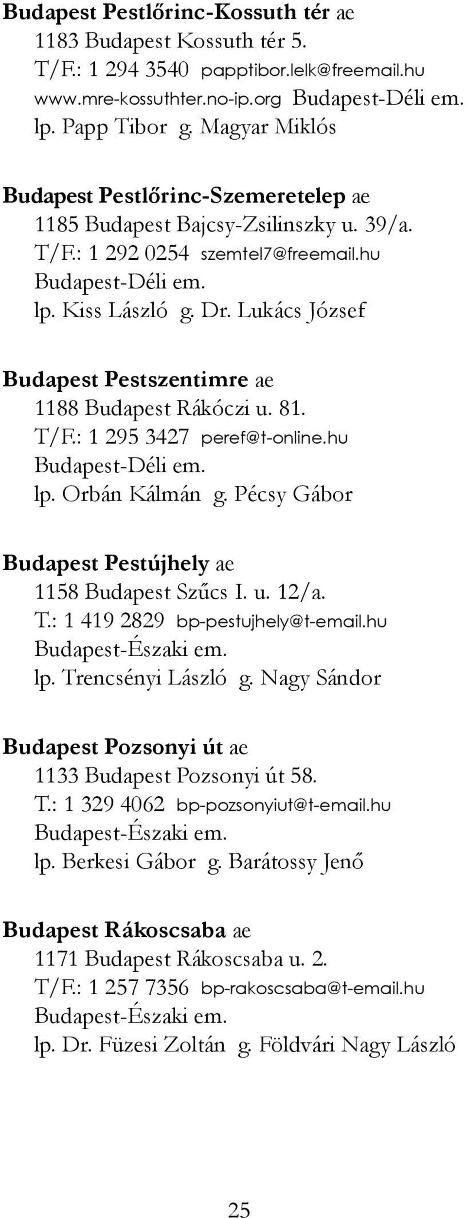 Lukács József Budapest Pestszentimre ae 1188 Budapest Rákóczi u. 81. T/F.: 1 295 3427 peref@t-online.hu Budapest-Déli em. lp. Orbán Kálmán g. Pécsy Gábor Budapest Pestújhely ae 1158 Budapest Szűcs I.