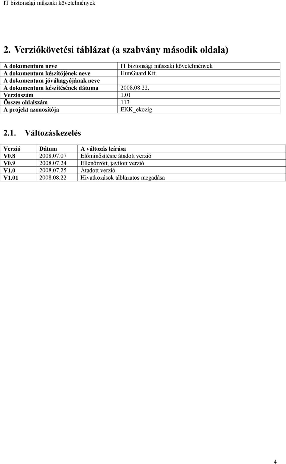 01 Összes oldalszám 113 A projekt azonosítója EKK_ekozig IT biztonsági műszaki követelmények HunGuard Kft. 2.1. Változáskezelés Verzió Dátum A változás leírása V0.