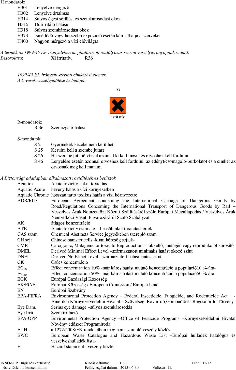 Besorolása: Xi irritatív, R36 1999/45 EK irányelv szerinti címkézési elemek: A keverék veszélyjelölése és betűjele Xi R-mondatok: R 36 Szemizgató hatású irritatív S-mondatok: S 2 S 25 S 26 S 46