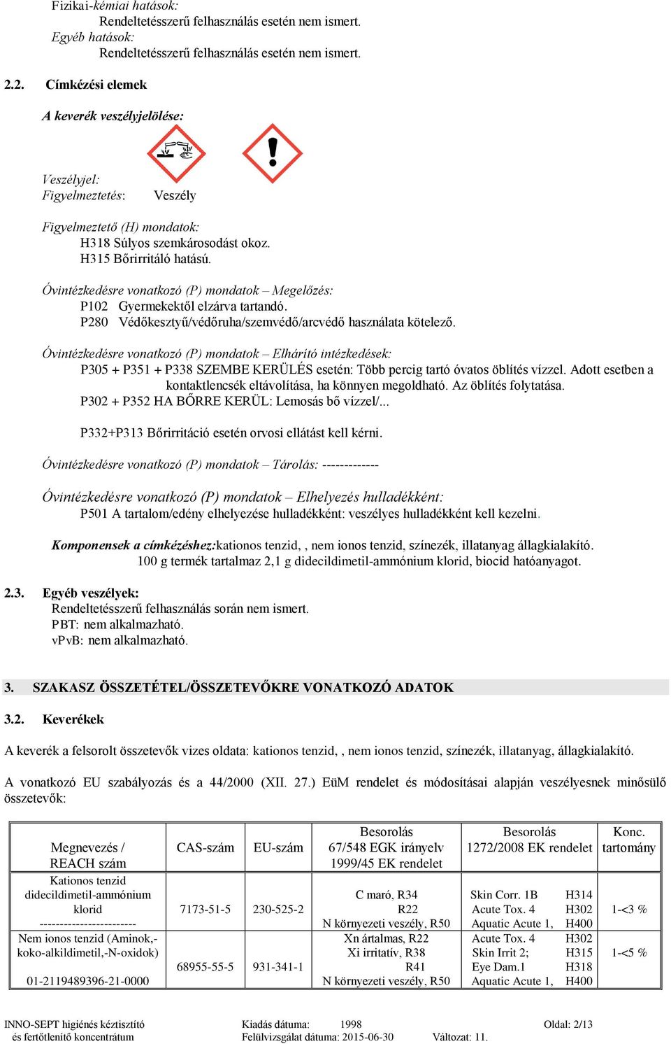 Óvintézkedésre vonatkozó (P) mondatok Megelőzés: P102 Gyermekektől elzárva tartandó. P280 Védőkesztyű/védőruha/szemvédő/arcvédő használata kötelező.