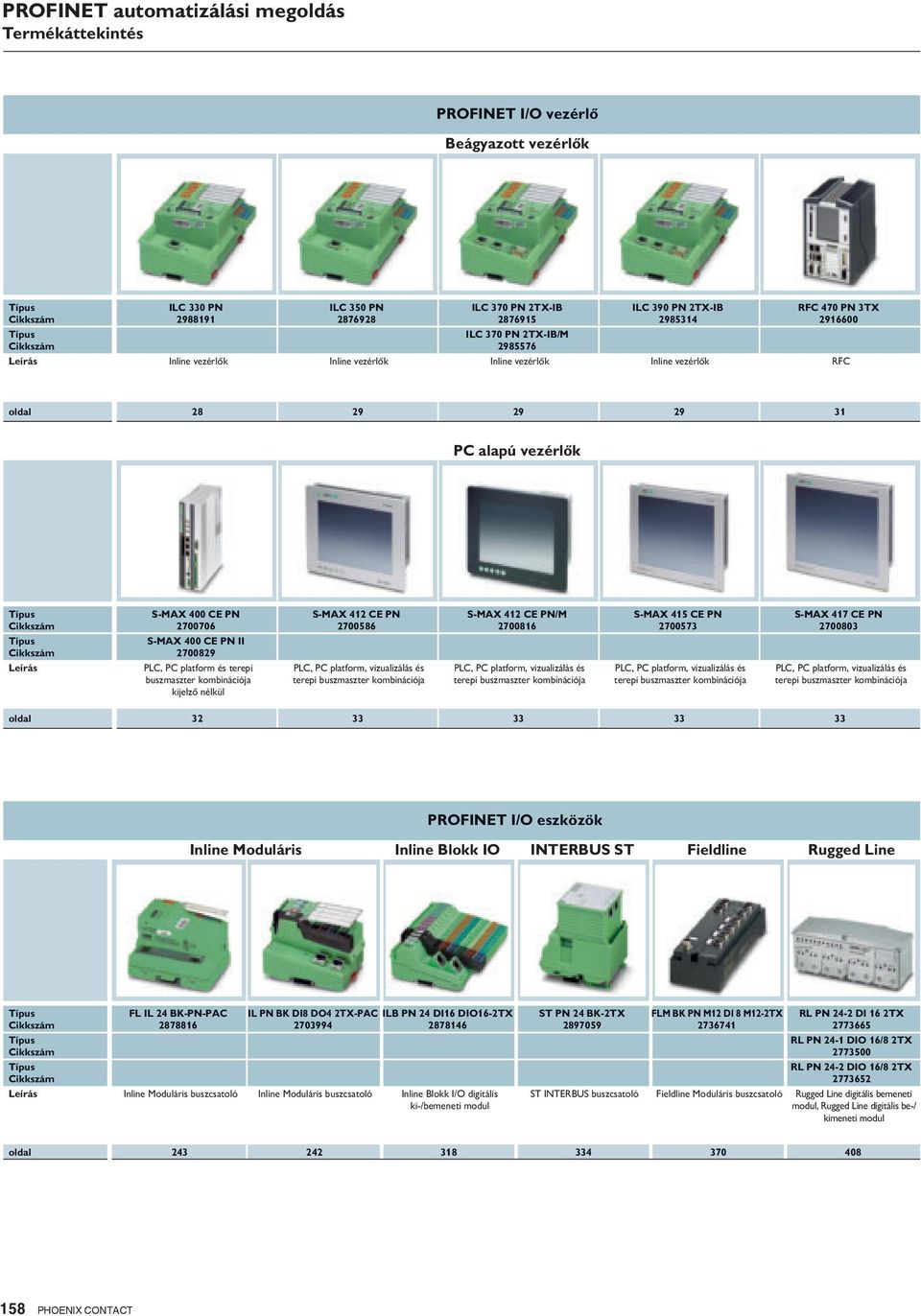 II 2700829 PLC, PC platform és terepi buszmaszter kombinációja kijelző nélkül S-MAX 412 CE PN 2700586 PLC, PC platform, vizualizálás és terepi buszmaszter kombinációja S-MAX 412 CE PN/M 2700816 PLC,