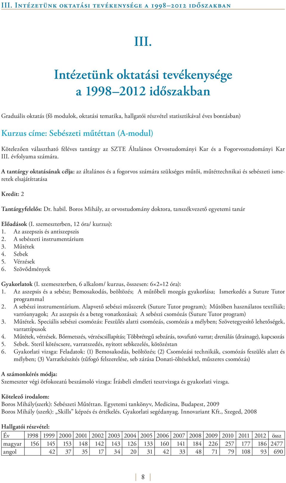 Kötelezően választható féléves tantárgy az SZTE Általános Orvostudományi Kar és a Fogorvostudományi Kar III. évfolyama számára.