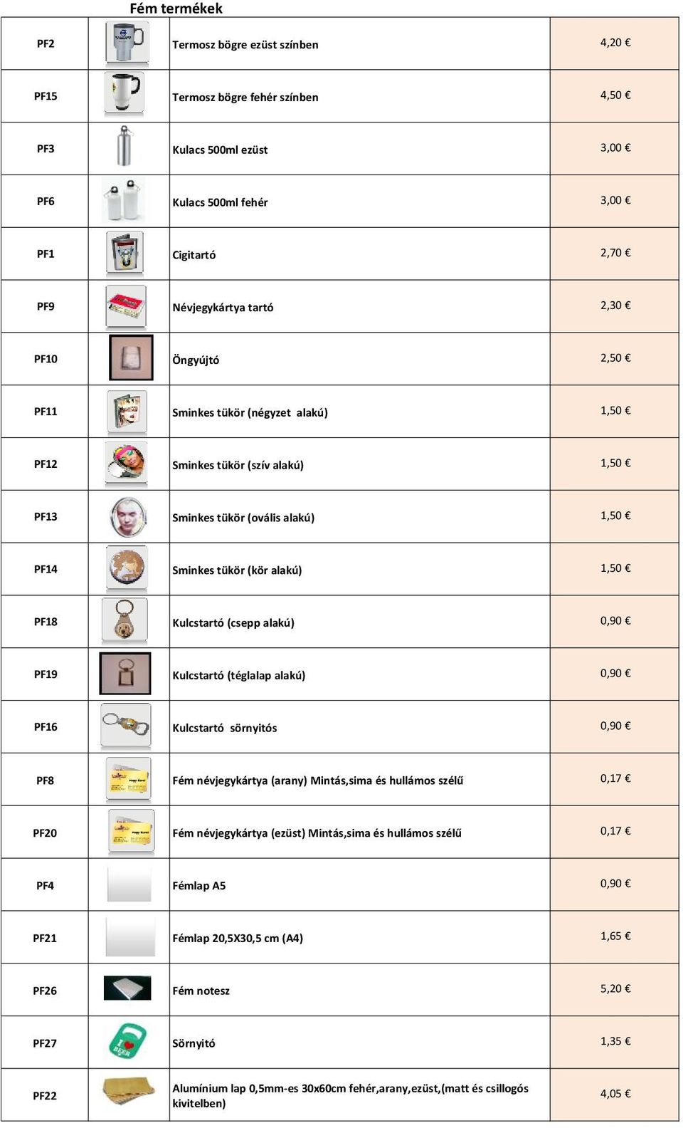 alakú) 0,90 PF19 Kulcstartó (téglalap alakú) 0,90 PF16 Kulcstartó sörnyitós 0,90 PF8 Fém névjegykártya (arany) Mintás,sima és hullámos szélű 0,17 PF20 Fém névjegykártya (ezüst) Mintás,sima és