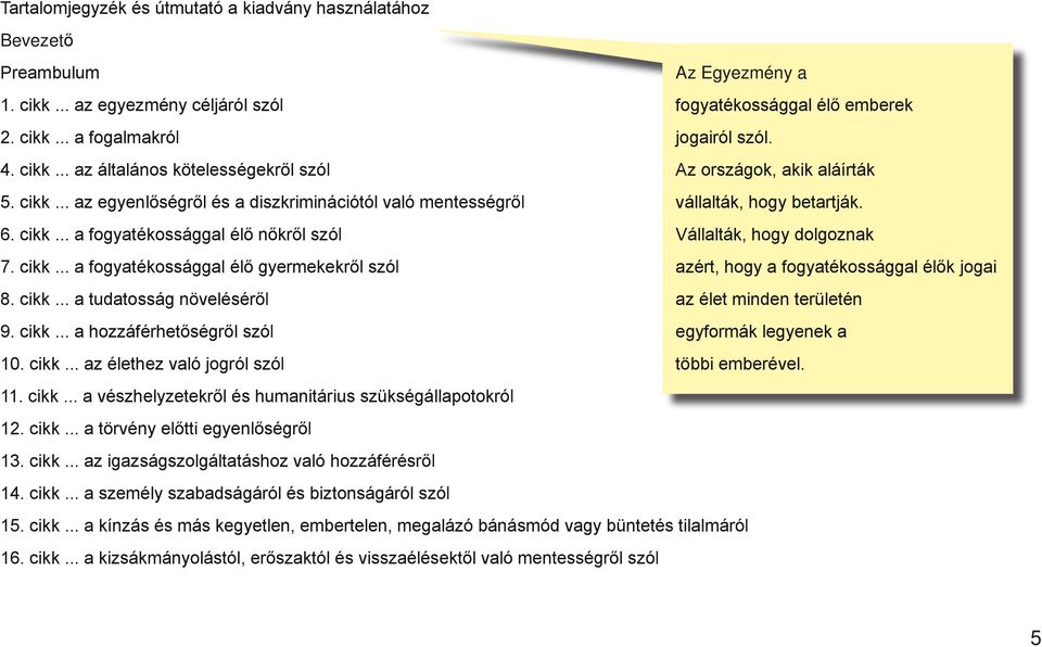 cikk... a fogyatékossággal élő gyermekekről szól azért, hogy a fogyatékossággal élők jogai 8. cikk... a tudatosság növeléséről az élet minden területén 9. cikk... a hozzáférhetőségről szól egyformák legyenek a 10.