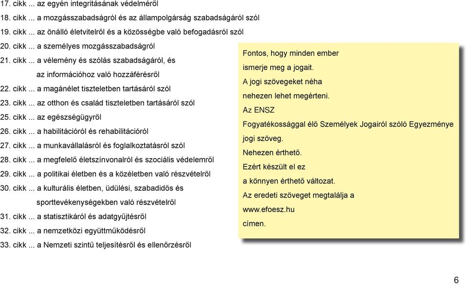 cikk... az egészségügyről 26. cikk... a habilitációról és rehabilitációról 27. cikk... a munkavállalásról és foglalkoztatásról szól 28. cikk... a megfelelő életszínvonalról és szociális védelemről 29.