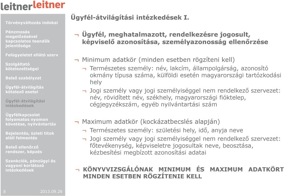 magyarországi fióktelep, cégjegyzékszám, egyéb nyilvántartási szám Maximum adatkör (kockázatbecslés alapján) Természetes személy: születési hely, idő, anyja neve Jogi személy vagy jogi