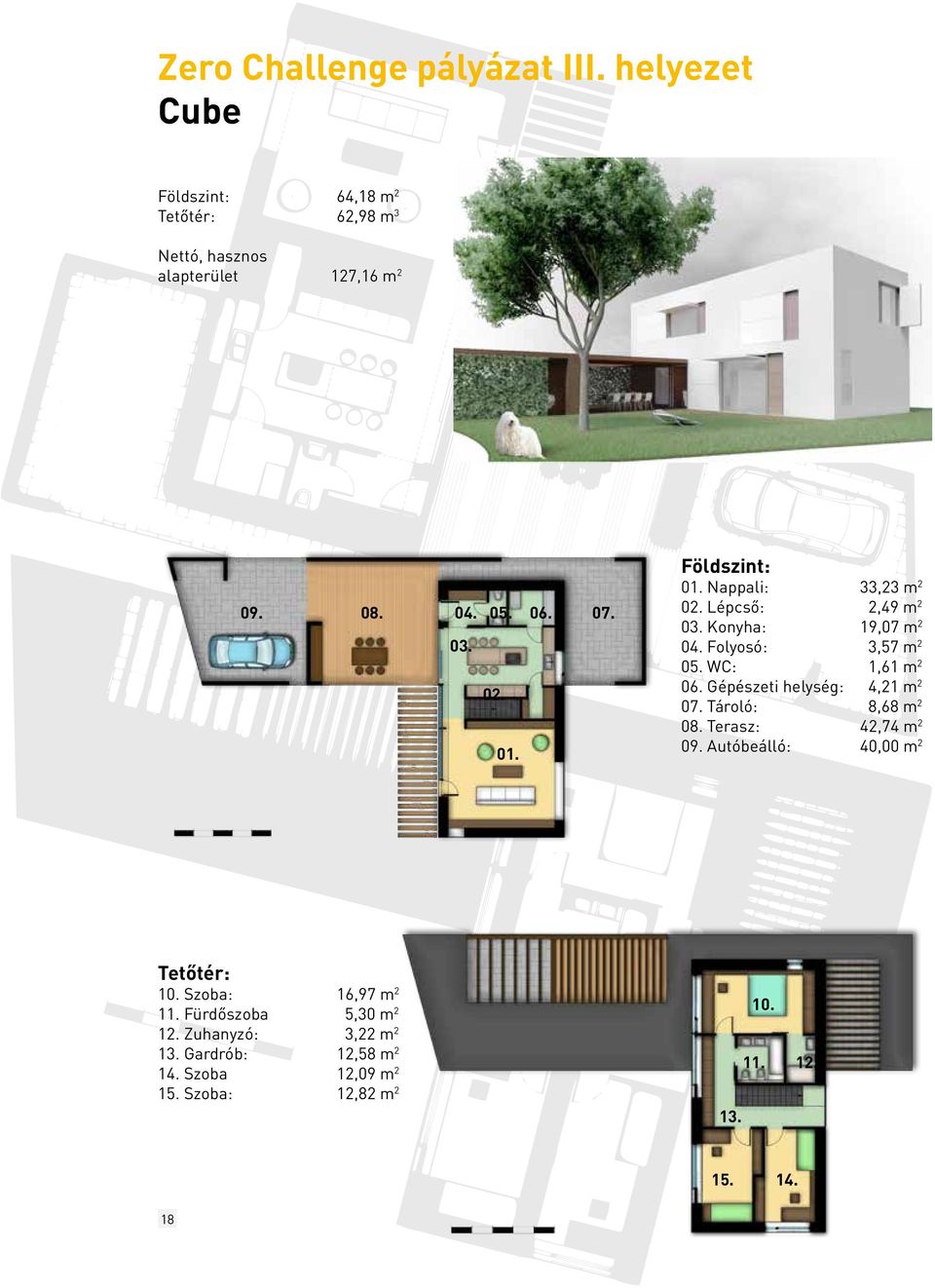 Gépészeti helység: 4,21 m 2 07. Tároló: 8,68 m 2 08. Terasz: 42,74 m 2 09. Autóbeálló: 40,00 m 2 Tetőtér: 10. Szoba: 16,97 m 2 11.