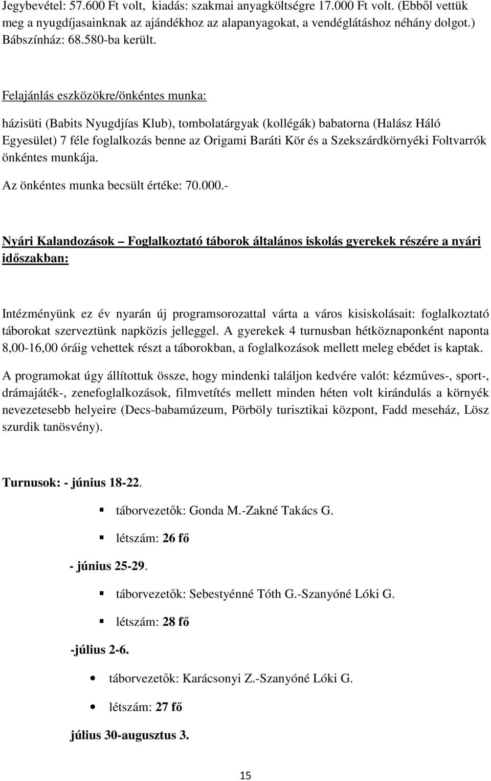 Felajánlás eszközökre/önkéntes munka: házisüti (Babits Nyugdjías Klub), tombolatárgyak (kollégák) babatorna (Halász Háló Egyesület) 7 féle foglalkozás benne az Origami Baráti Kör és a