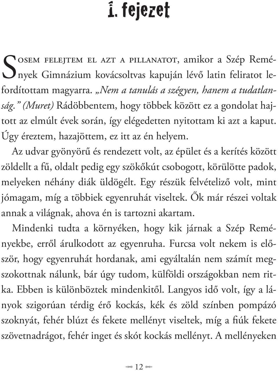 Az udvar gyönyörű és rendezett volt, az épület és a kerítés között zöldellt a fű, oldalt pedig egy szökőkút csobogott, körülötte padok, melyeken néhány diák üldögélt.