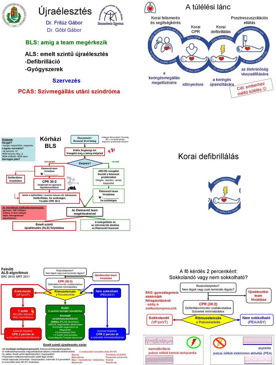 -Gyógyszerek Szervezés PCAS: Szívmegállás utáni szindróma a keringésmegállás megelőzésére időnyerésre a keringés újraindítására az életminőség visszaállítására Cél: emberhez méltó túlélés Életjelek: